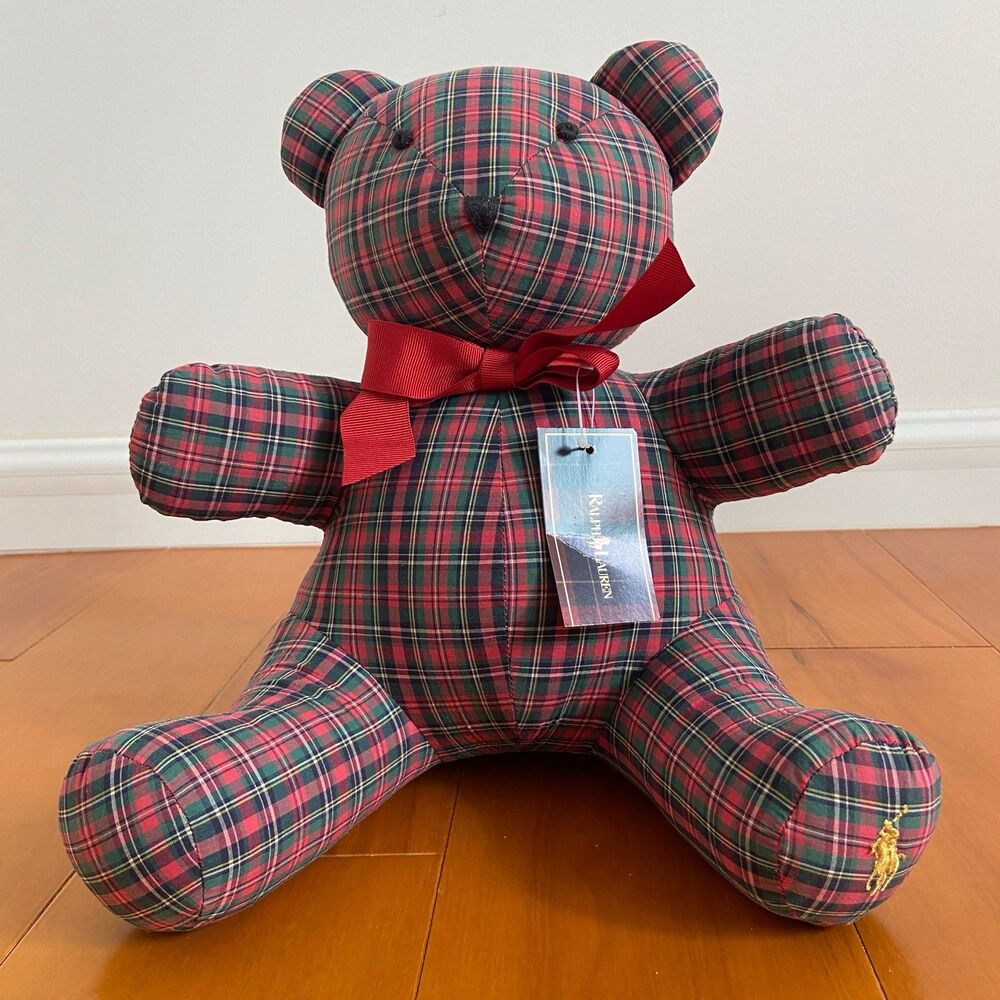 Ralph Lauren Tartan Plaid Christmas Teddy Bear H 11” x L 10” x W 7” red &